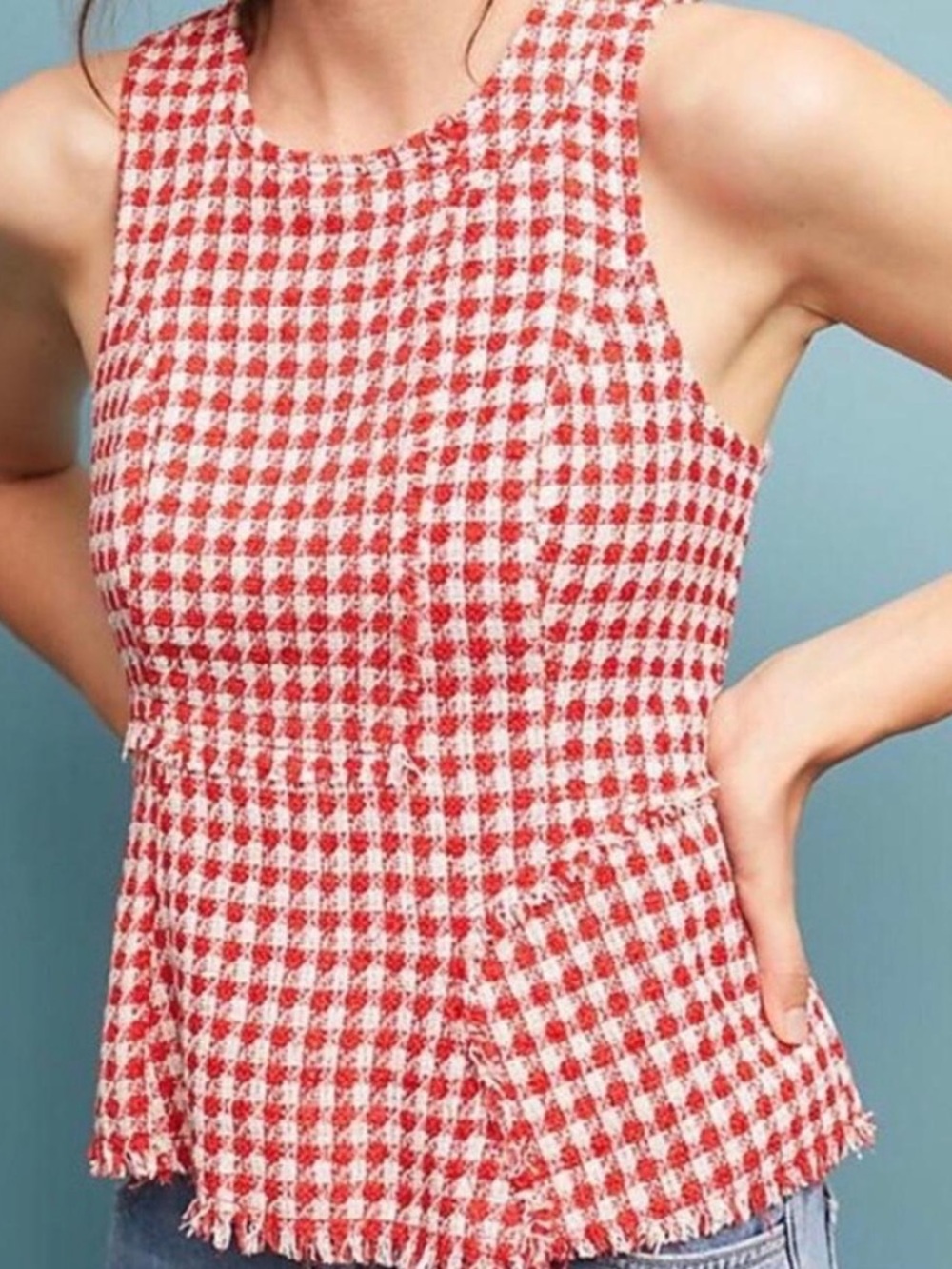 Anthropologie Red & White Checked Tweed Sleeveless Tank